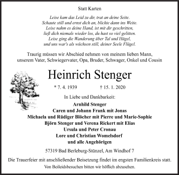 Traueranzeige von Heinrich Stenger von Siegener Zeitung