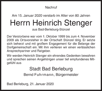 Traueranzeige von Heinrich Stenger von Siegener Zeitung