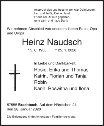 Traueranzeige von Heinz Naudsch von Siegener Zeitung