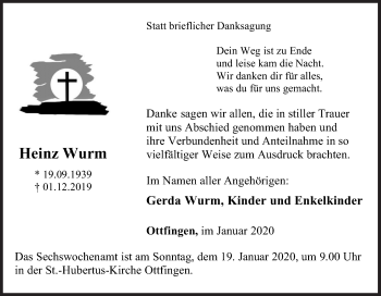 Traueranzeige von Heinz Wurm von Siegener Zeitung