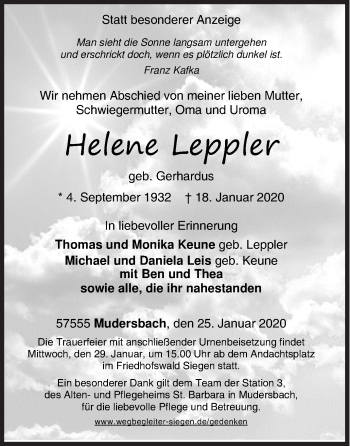 Traueranzeige von Helene Leppler von Siegener Zeitung