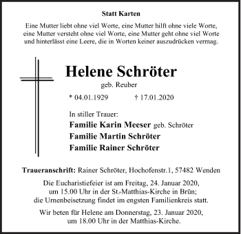 Traueranzeige von Helene Schröter von Siegener Zeitung