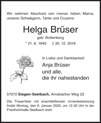 Traueranzeige von Helga Brüser von Siegener Zeitung