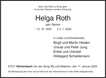 Traueranzeige von Helga Roth von Siegener Zeitung