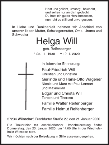 Traueranzeige von Helga Will von Siegener Zeitung