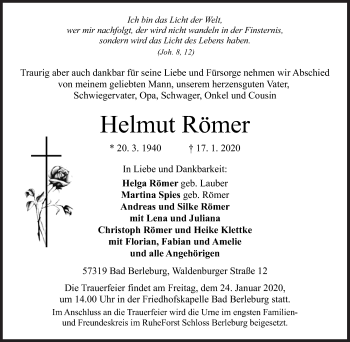 Traueranzeige von Helmut Römer von Siegener Zeitung