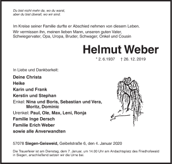 Traueranzeige von Helmut Weber von Siegener Zeitung