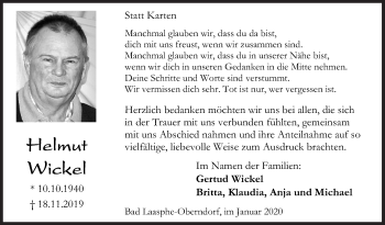Traueranzeige von Helmut Wickel von Siegener Zeitung