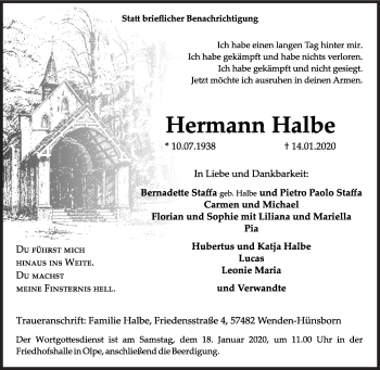 Traueranzeige von Hermann Halbe von Siegener Zeitung