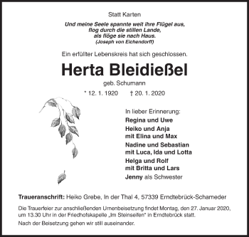 Traueranzeige von Herta Bleidießel von Siegener Zeitung