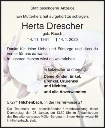 Traueranzeige von Herta Drescher von Siegener Zeitung