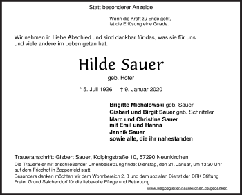 Traueranzeige von Hilde Sauer von Siegener Zeitung