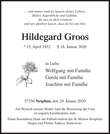Traueranzeige von Hildegard Groos von Siegener Zeitung