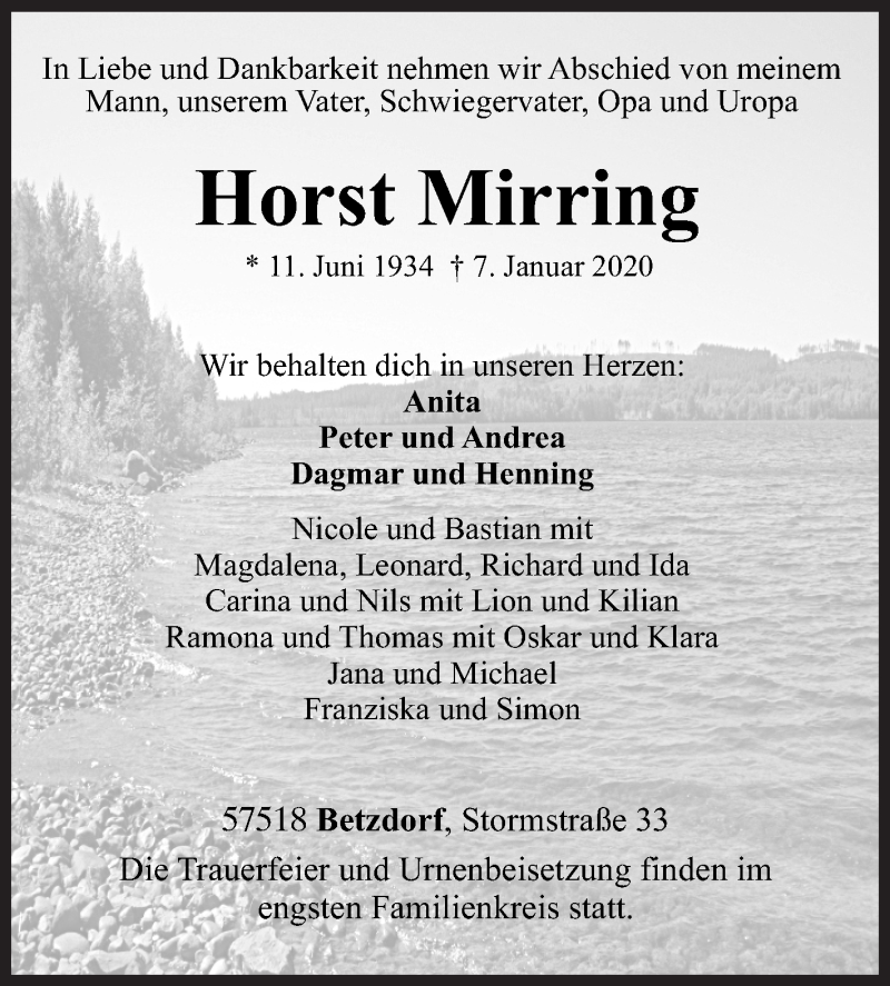  Traueranzeige für Horst Mirring vom 13.01.2020 aus Siegener Zeitung