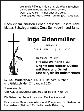 Traueranzeige von Inge Eidenmüller von Siegener Zeitung