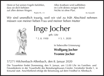 Traueranzeige von Inge Jocher von Siegener Zeitung