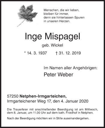 Traueranzeige von Inge Mispagel von Siegener Zeitung