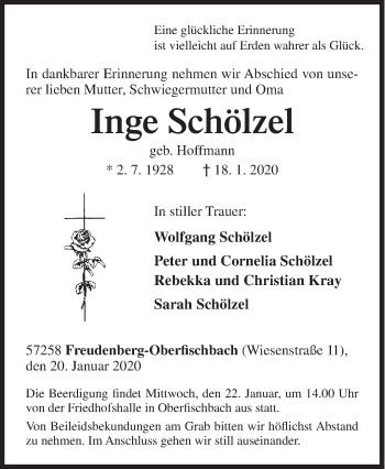 Traueranzeige von Inge Schölzel von Siegener Zeitung