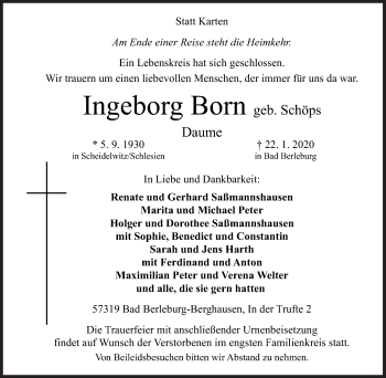 Traueranzeige von Ingeborg Born von Siegener Zeitung