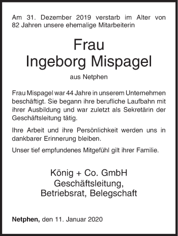 Traueranzeige von Ingeborg Mispagel von Siegener Zeitung