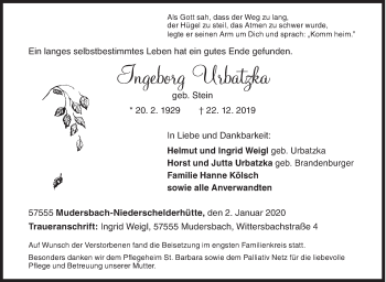 Traueranzeige von Ingeborg Urbatzka von Siegener Zeitung