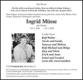 Traueranzeige von Ingrid Müsse von Siegener Zeitung