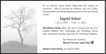 Traueranzeige von Ingrid Selzer von Siegener Zeitung