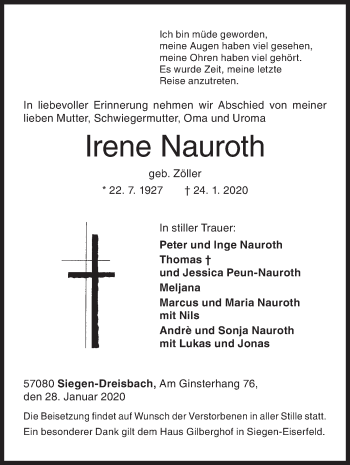 Traueranzeige von Irene Nauroth von Siegener Zeitung