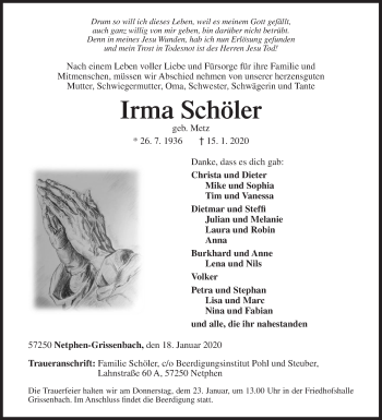 Traueranzeige von Irma Schöler von Siegener Zeitung