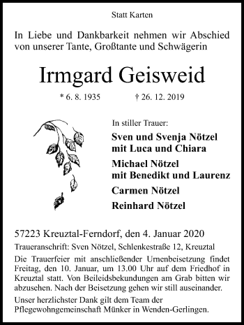 Traueranzeige von Irmgard Geisweid von Siegener Zeitung