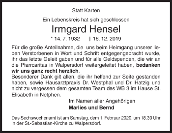 Traueranzeige von Irmgard Hensel von Siegener Zeitung
