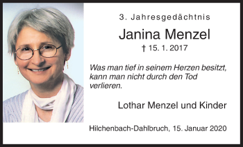 Traueranzeige von Janina Menzel von Siegener Zeitung