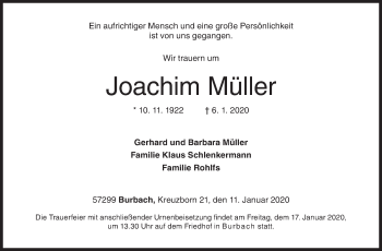 Traueranzeige von Joachim Müller von Siegener Zeitung