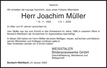 Traueranzeige von Joachim Müller von Siegener Zeitung