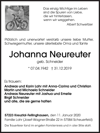 Traueranzeige von Johanna Neureuter von Siegener Zeitung