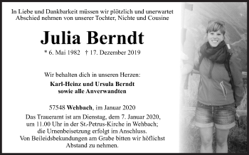 Traueranzeige von Julia Berndt von Siegener Zeitung