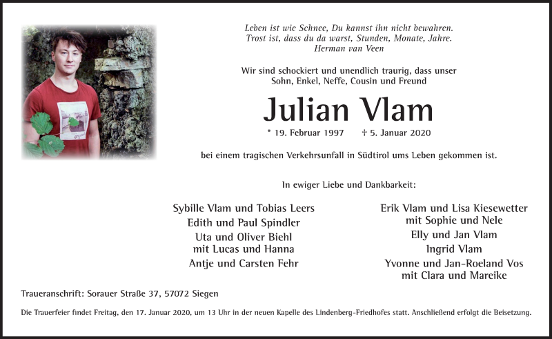  Traueranzeige für Julian Vlam vom 13.01.2020 aus Siegener Zeitung