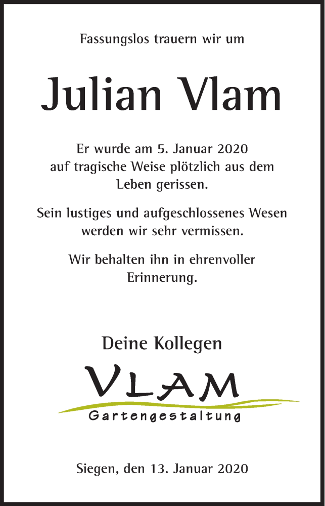  Traueranzeige für Julian Vlam vom 13.01.2020 aus Siegener Zeitung