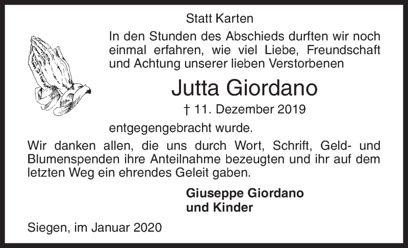  Traueranzeige für Jutta Giordano vom 18.01.2020 aus Siegener Zeitung