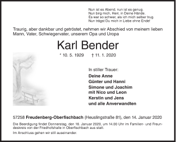 Traueranzeige von Karl Bender von Siegener Zeitung