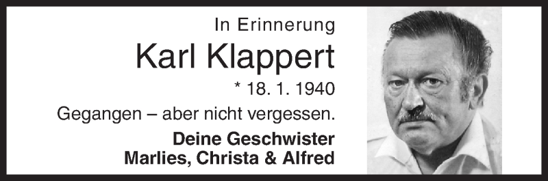  Traueranzeige für Karl Klappert vom 18.01.2020 aus Siegener Zeitung