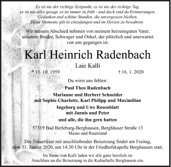 Traueranzeige von Karl Heinrich Radenbach von Siegener Zeitung