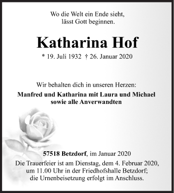 Traueranzeige von Katharina Hof von Siegener Zeitung