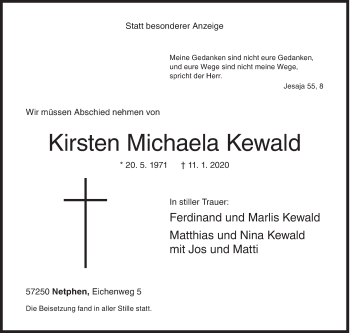 Traueranzeige von Kirsten Michaela Kewald von Siegener Zeitung