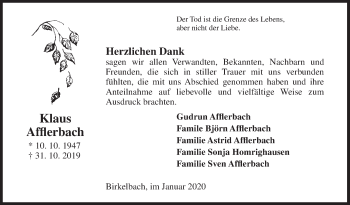 Traueranzeige von Klaus Afflerbach von Siegener Zeitung