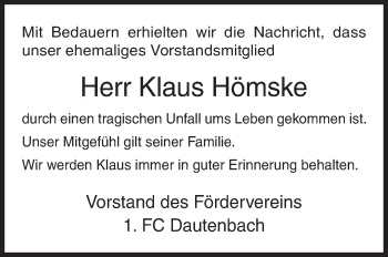 Traueranzeige von Klaus Hömske von Siegener Zeitung