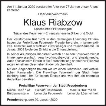 Traueranzeige von Klaus Riabzow von Siegener Zeitung