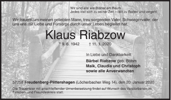 Traueranzeige von Klaus Riabzow von Siegener Zeitung