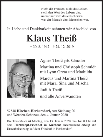 Traueranzeige von Klaus Theiß von Siegener Zeitung