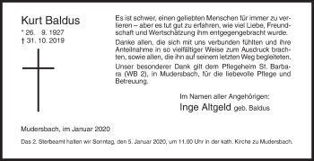 Traueranzeige von Kurt Baldus von Siegener Zeitung
